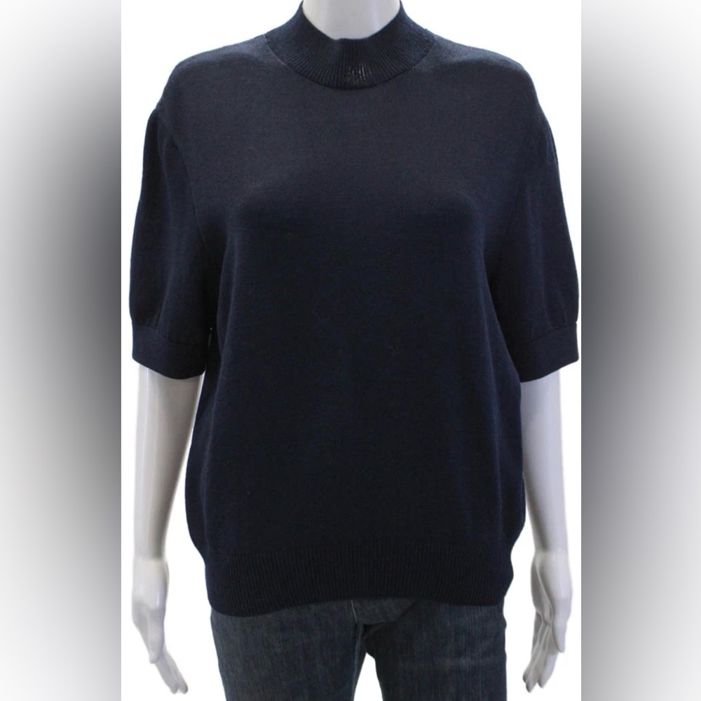 St. John Navy Mock Neck Back Button Knit Short Sleeve Top - Sz M EUC